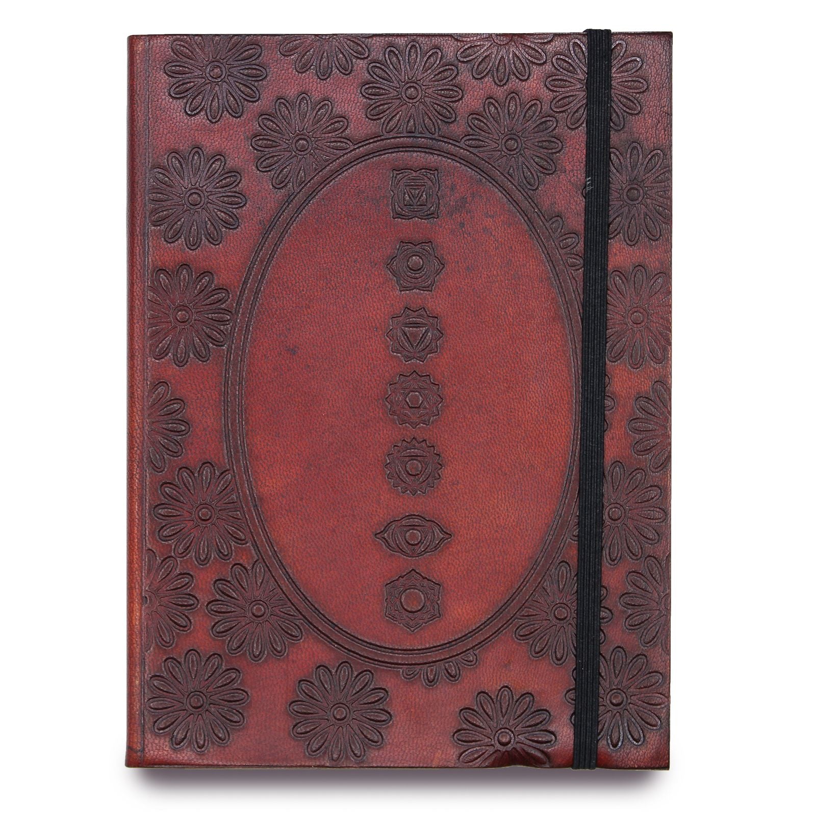 Small black notebook with an embossed colourful chakra mandala design and a functional elastic closure strap.