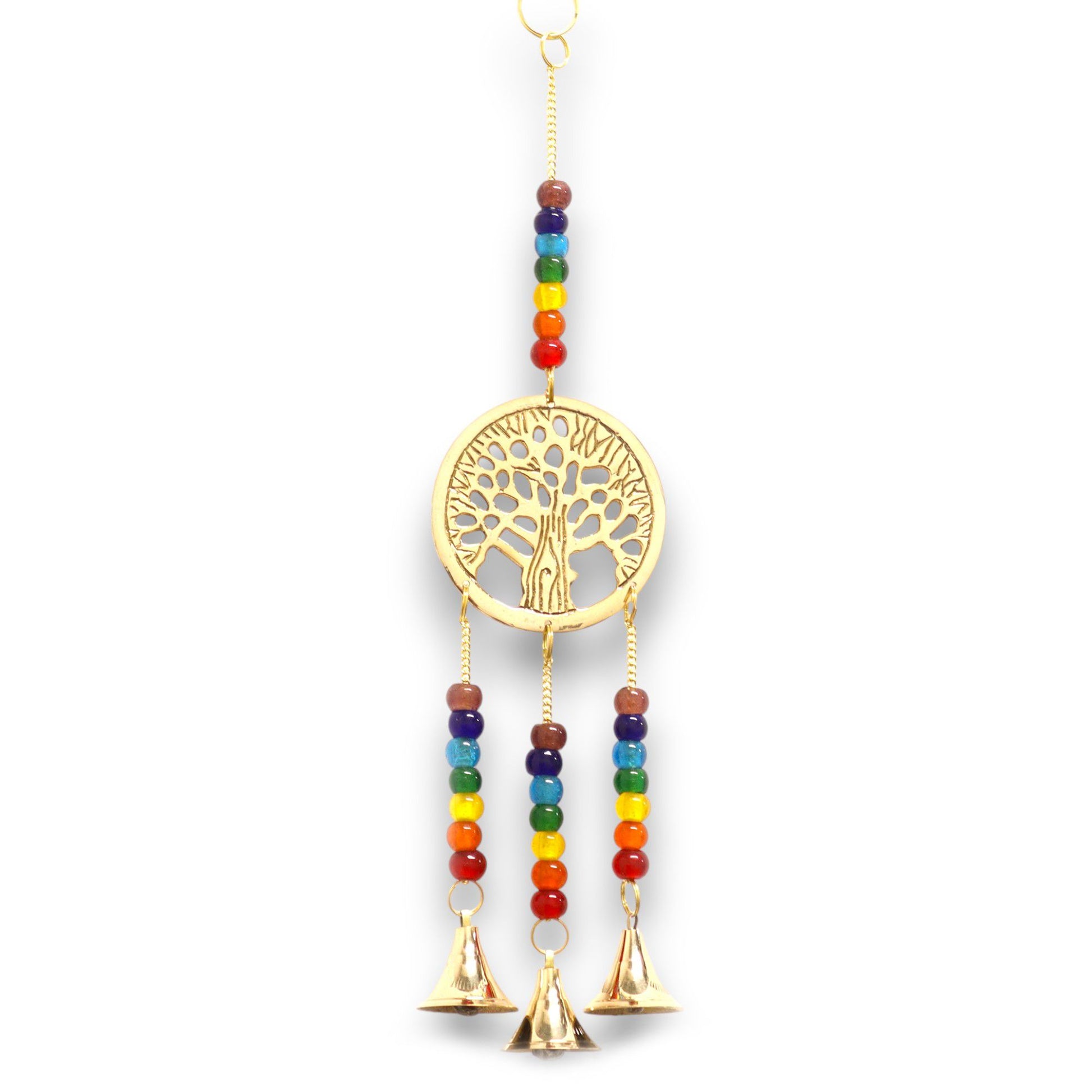 Detailed brass Tree of Life wind chime featuring multi-coloured beads and three small hanging bells.