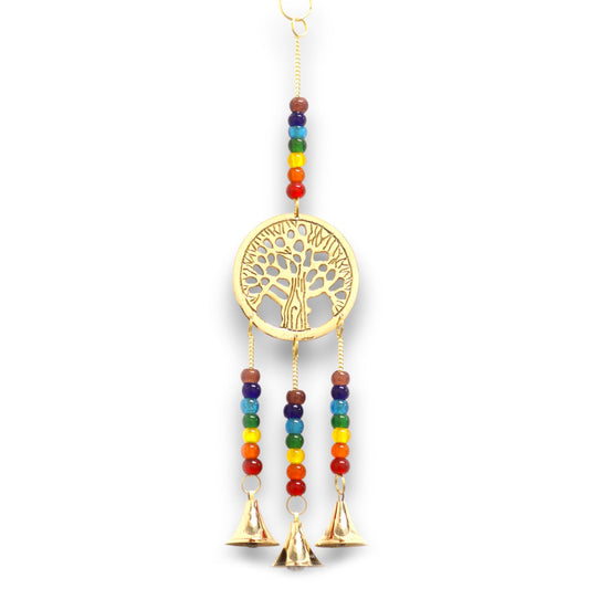 Detailed brass Tree of Life wind chime featuring multi-coloured beads and three small hanging bells.