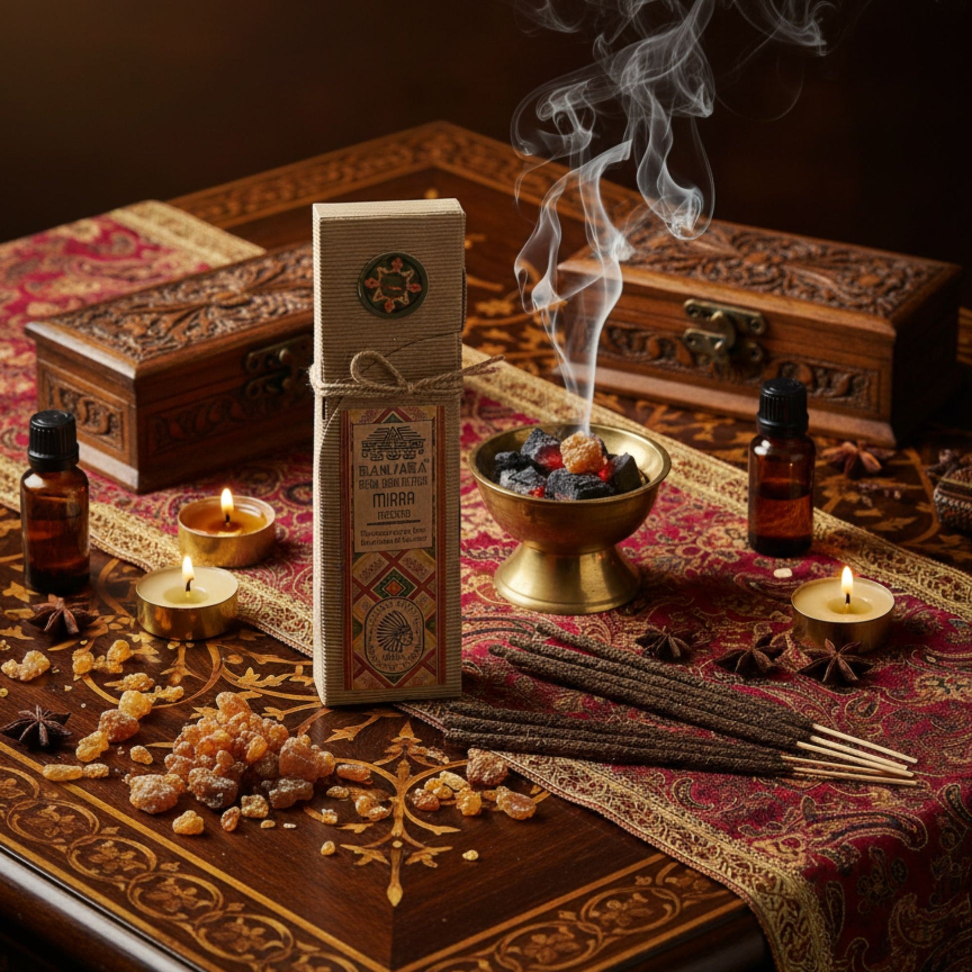 Handcrafted Myrrh resin incense sticks on a wooden surface, releasing a gentle plume of sacred smoke.