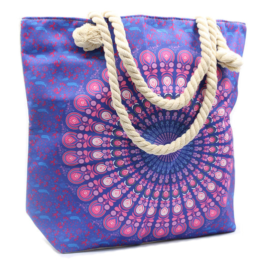 Large purple and blue mandala patterned tote bag with white rope handles and a top zip fastening.