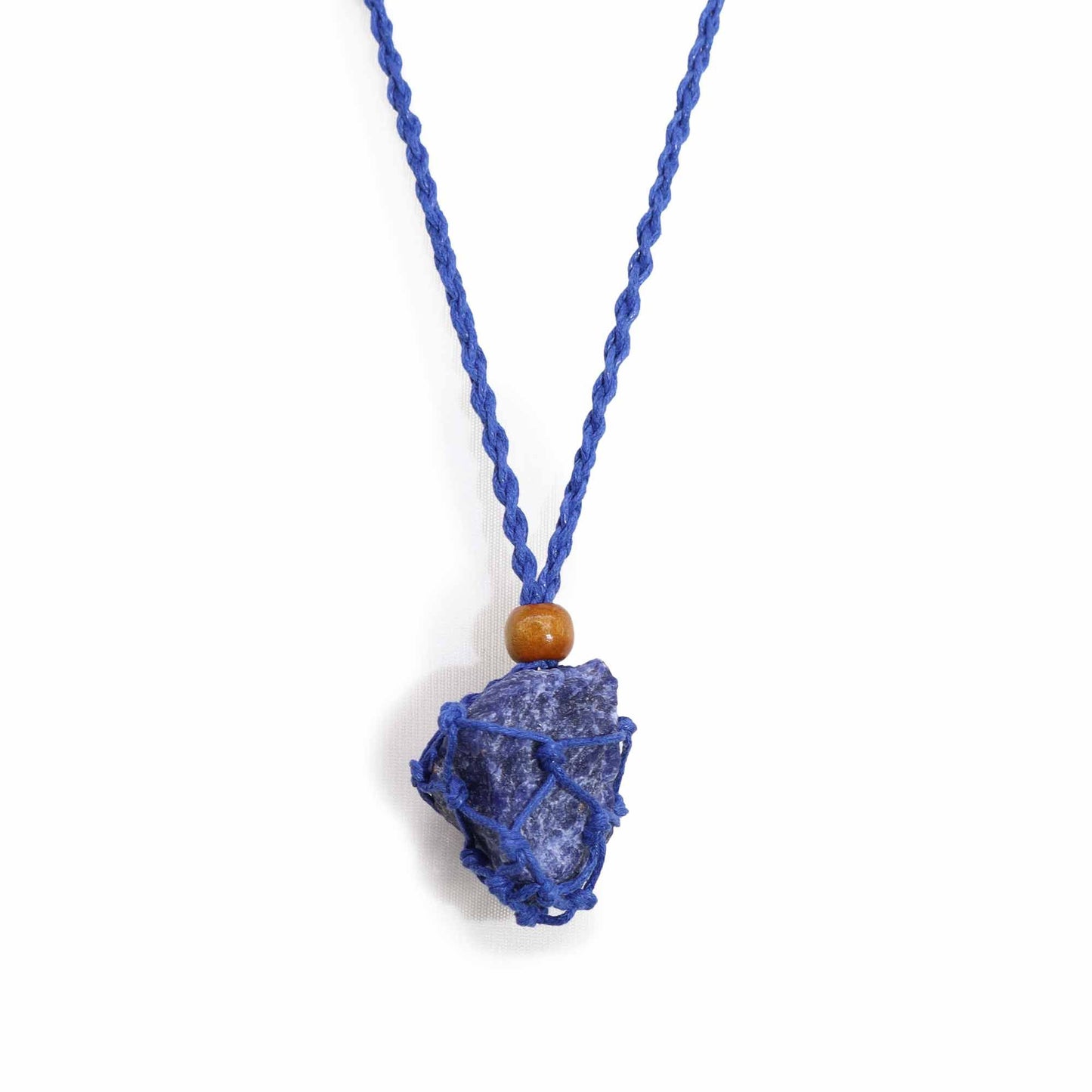 Durable navy blue textile necklace cord featuring an intricate knotted design and a natural round wooden bead.
