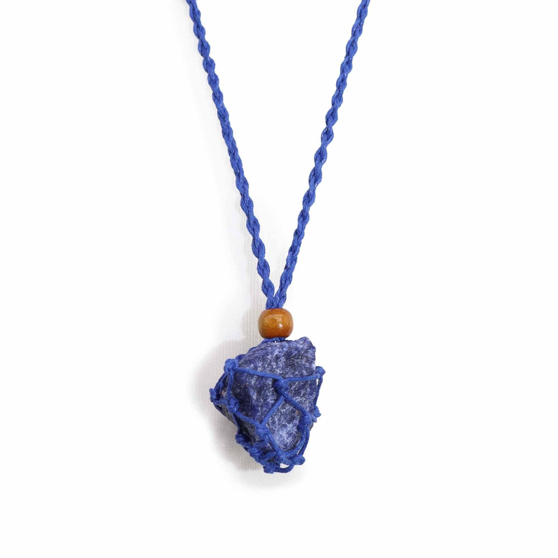 Durable navy blue textile necklace cord featuring an intricate knotted design and a natural round wooden bead.