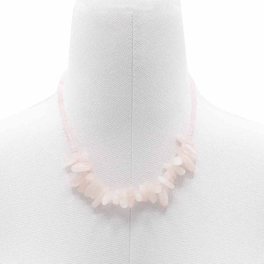 Elegant longstone necklace featuring slender, polished rose quartz gemstones with a delicate pink hue.