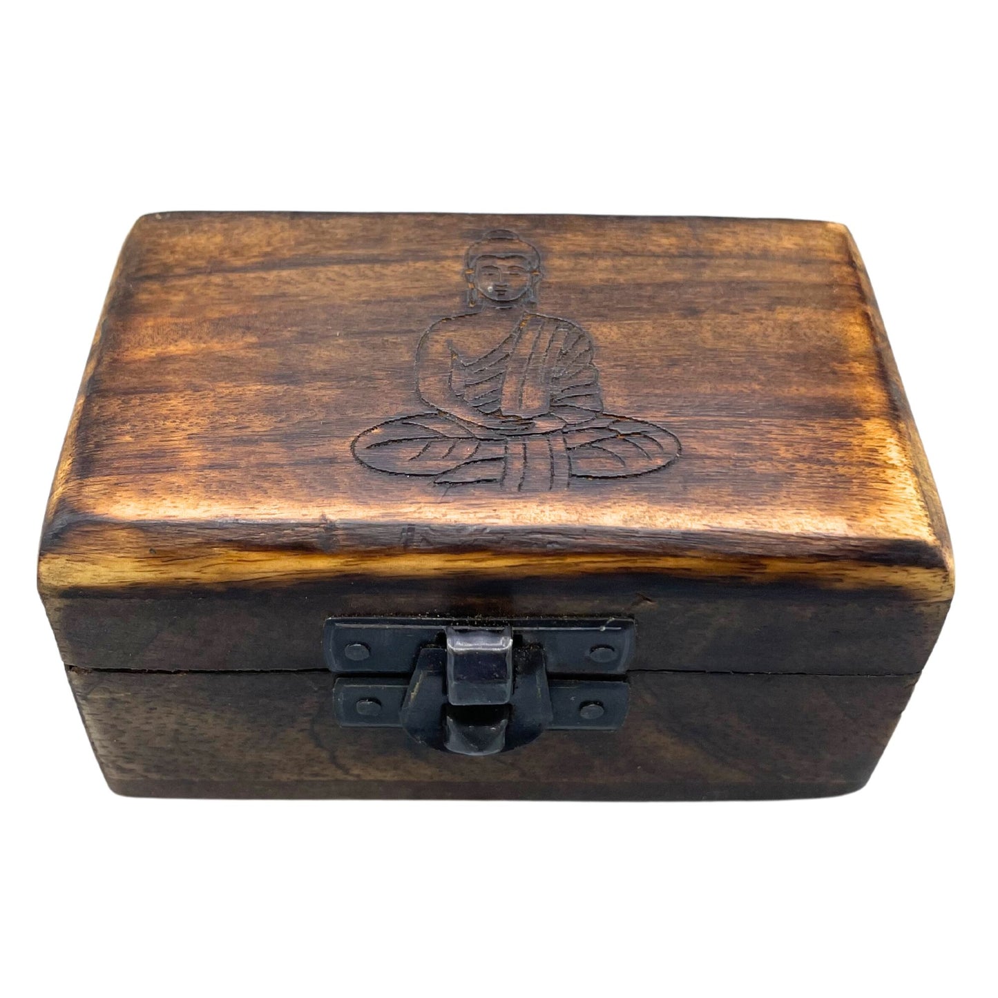 Small rectangular hand-carved wooden box with intricate floral patterns on the lid.