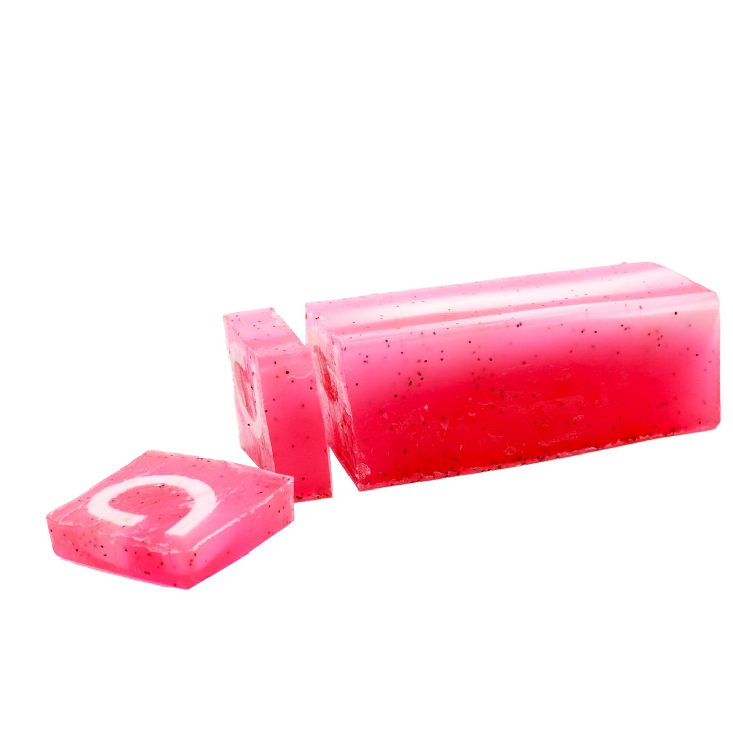 Hand-crafted soap loaf with a decorative pink and white swirl pattern, textured with raspberry and black pepper notes.