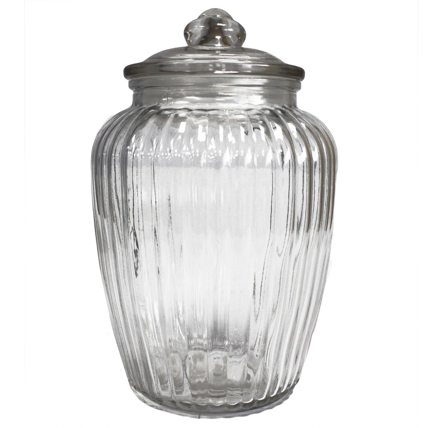 Large clear glass storage jar featuring a decorative ribbed pumpkin shape and matching glass lid.
