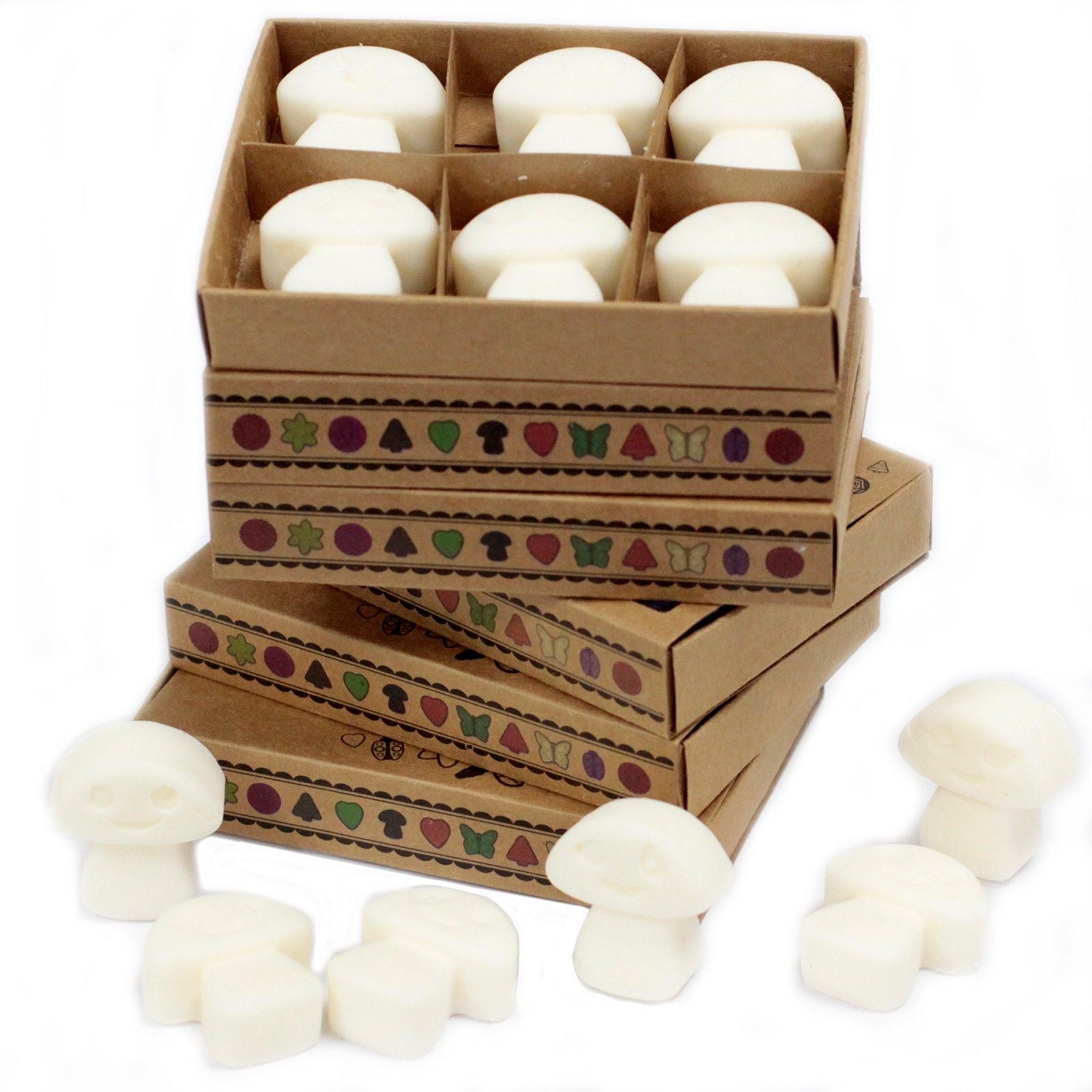 Six heart-shaped white musk soy wax melts presented in a minimalist matchbox-style kraft paper box.
