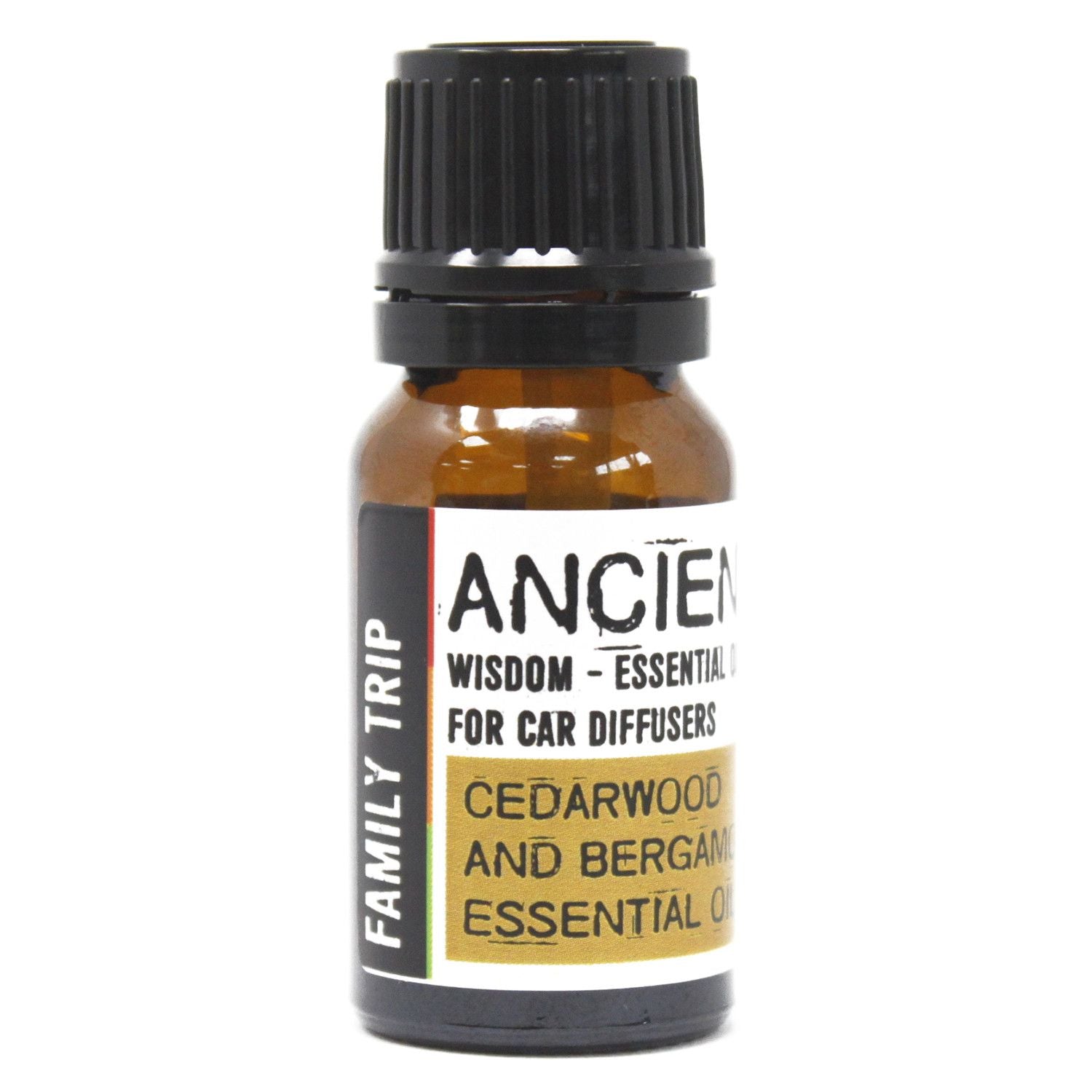 A small 10ml amber glass bottle of essential oil blend labelled Family Trip for use in car diffusers.