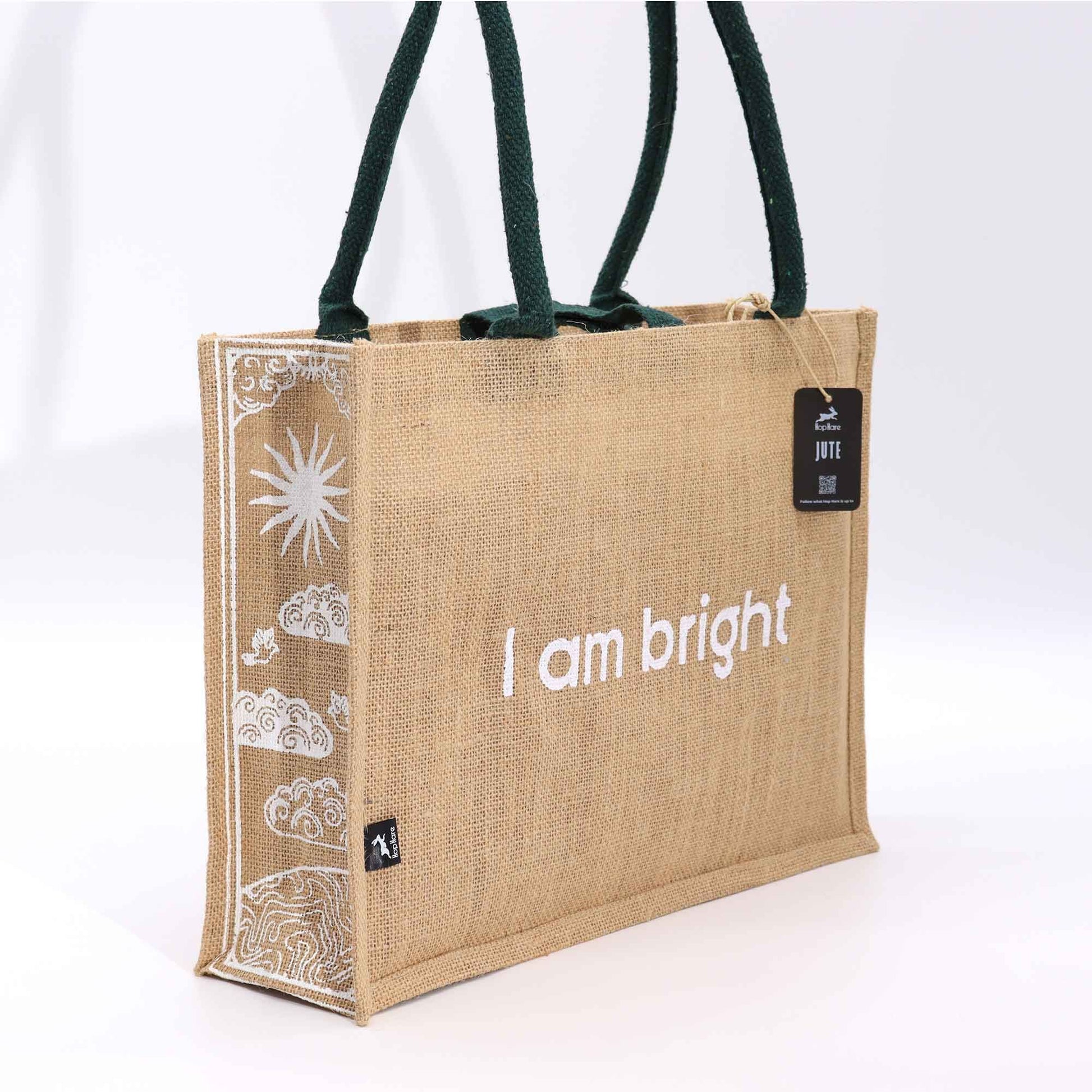 Large eco-friendly jute tote bag featuring a cheerful yellow sun design and sturdy reinforced handles.