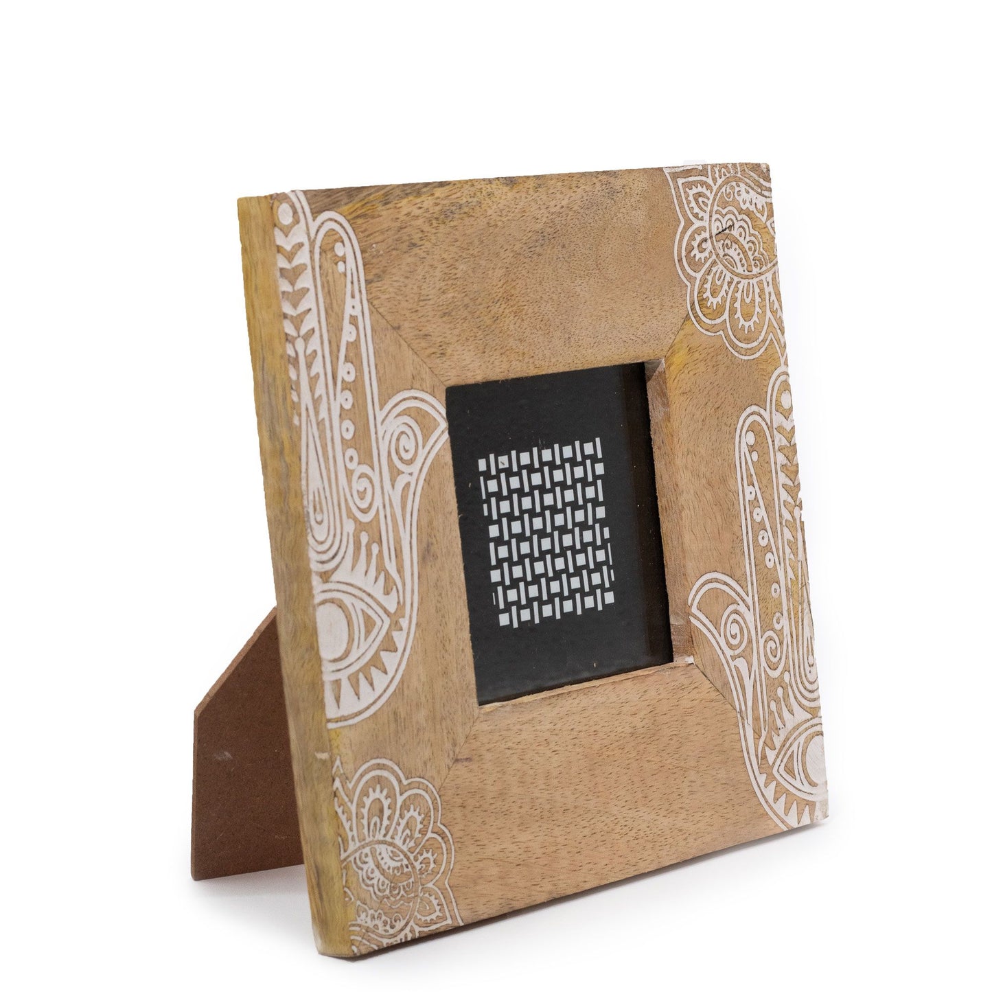 Square white mango wood picture frame with an intricate hand-carved floral Hansa pattern and a rustic finish.