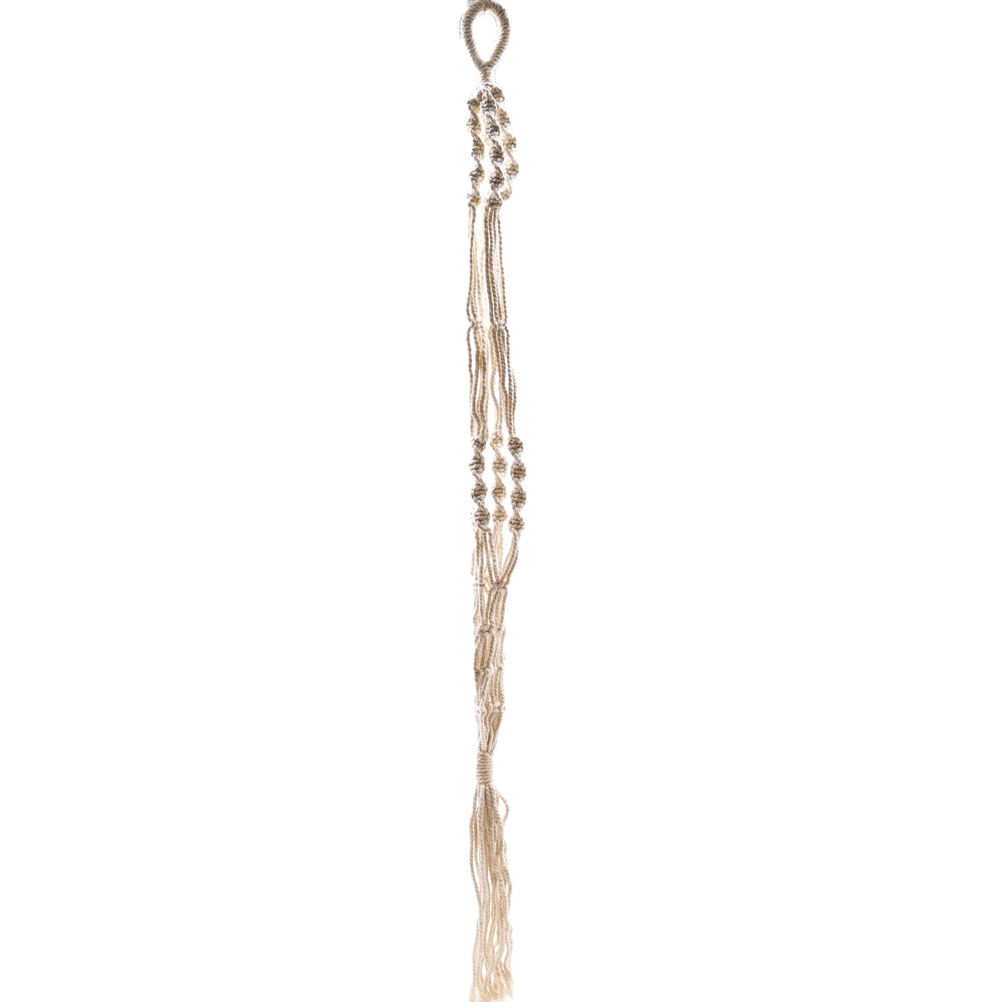 Large cream-coloured cotton macrame plant hanger featuring intricate knotted patterns and a long decorative fringe.