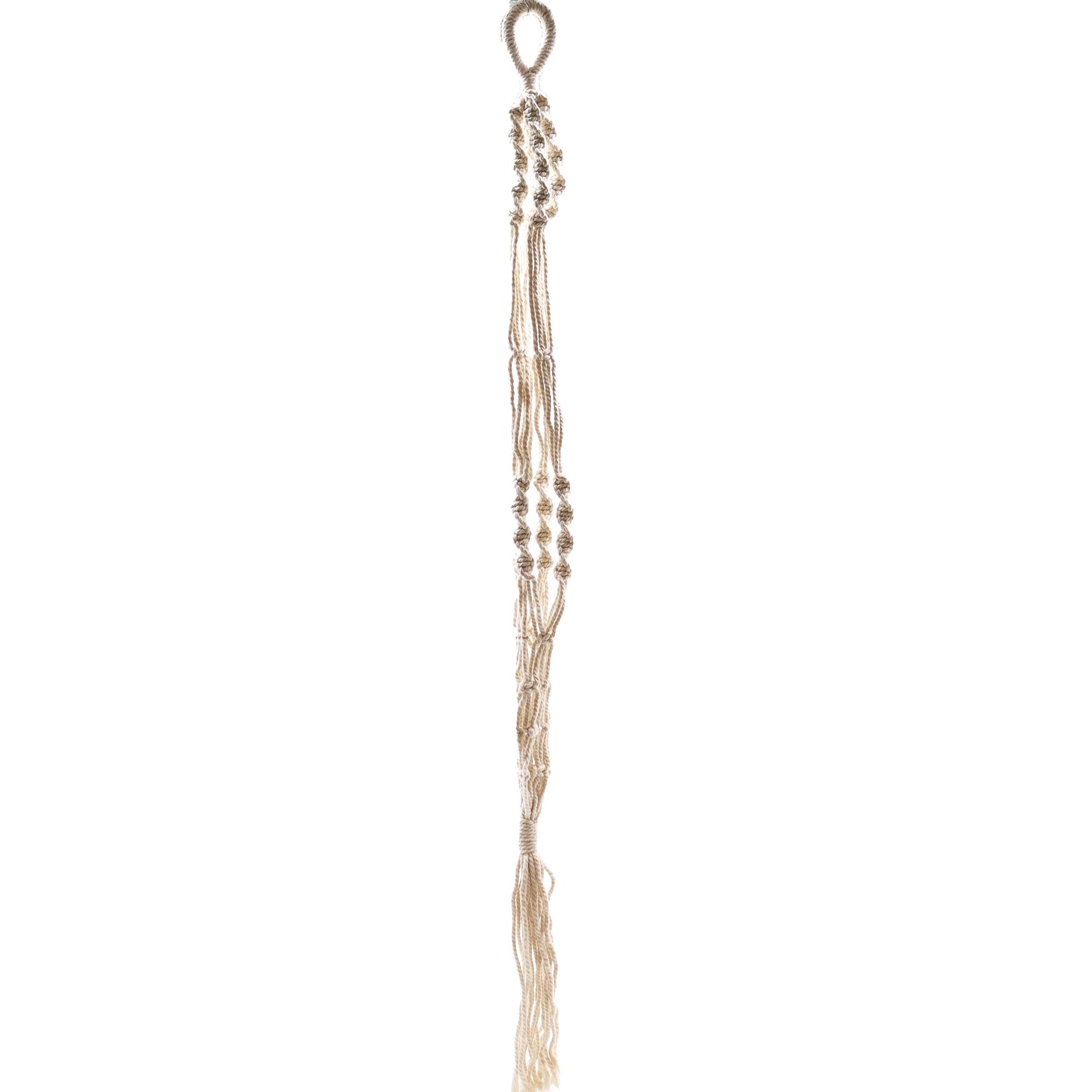 Large cream-coloured cotton macrame plant hanger featuring intricate knotted patterns and a long decorative fringe.