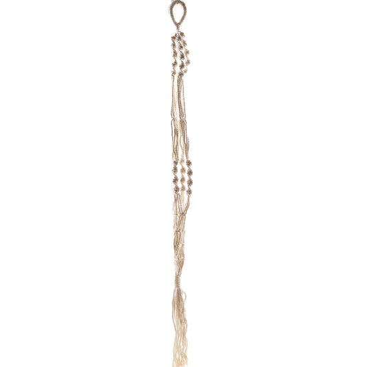 Large cream-coloured cotton macrame plant hanger featuring intricate knotted patterns and a long decorative fringe.
