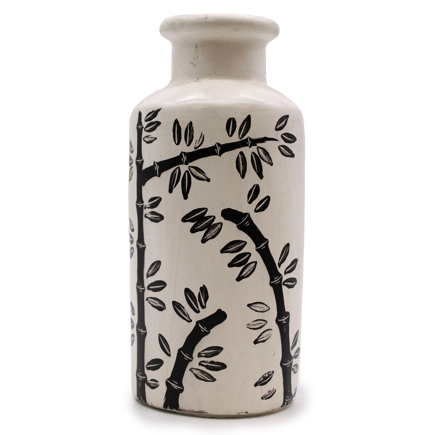 Handmade natural terracotta straight vase with an intricate bamboo motif and textured finish.