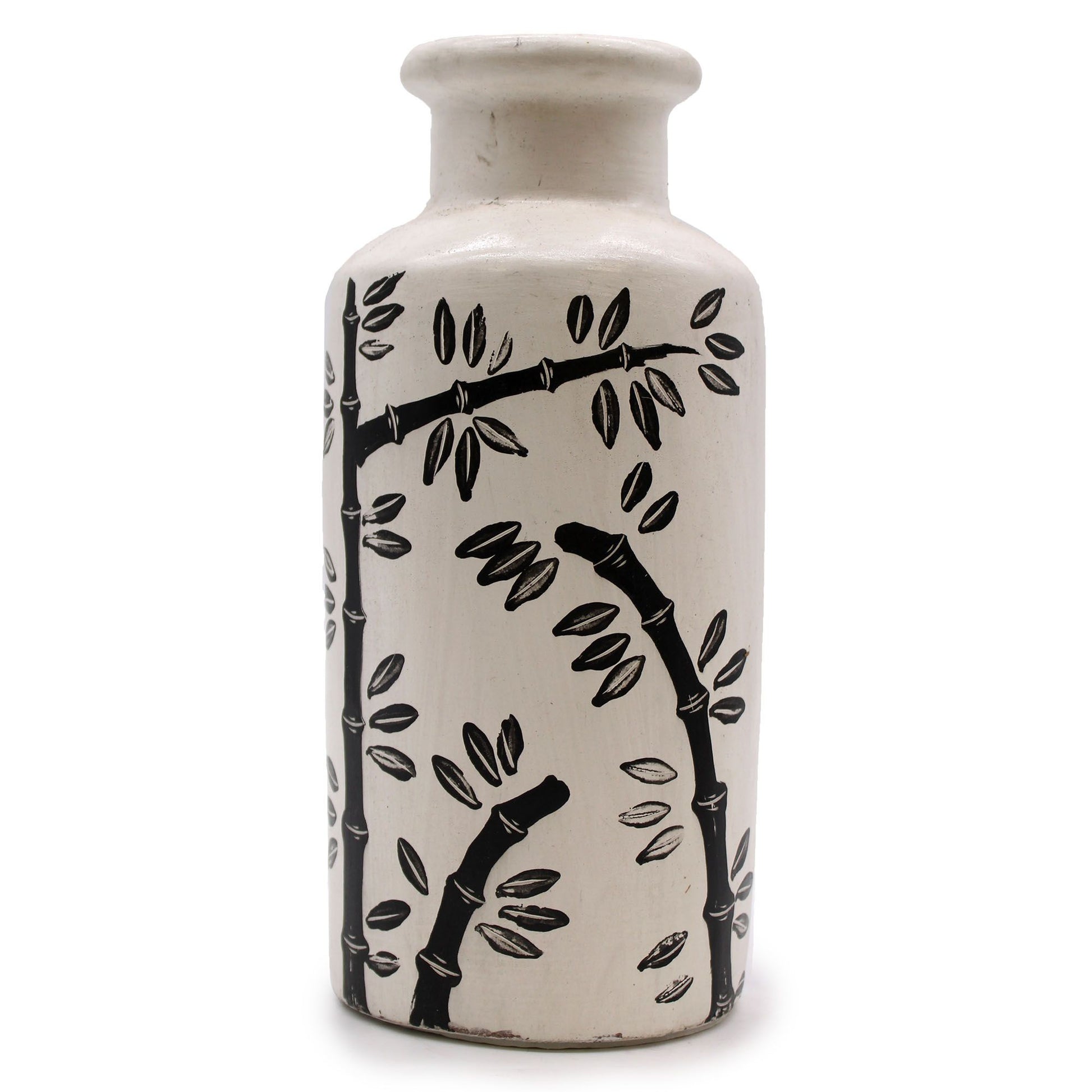 Handmade natural terracotta straight vase with an intricate bamboo motif and textured finish.