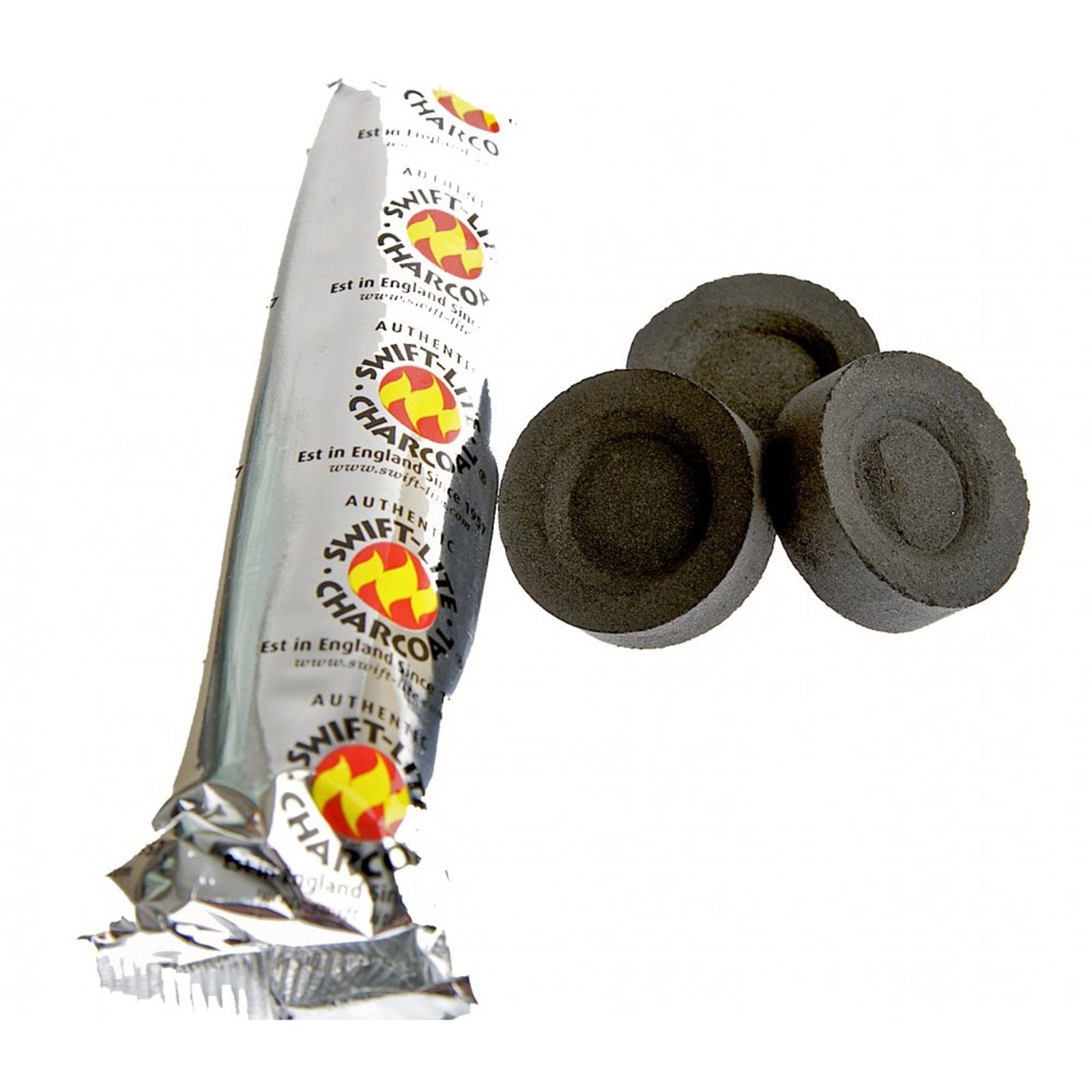 Pack of ten round black charcoal tablets for burning resin and incense granules.