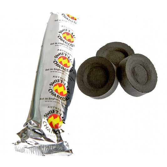 Pack of ten round black charcoal tablets for burning resin and incense granules.