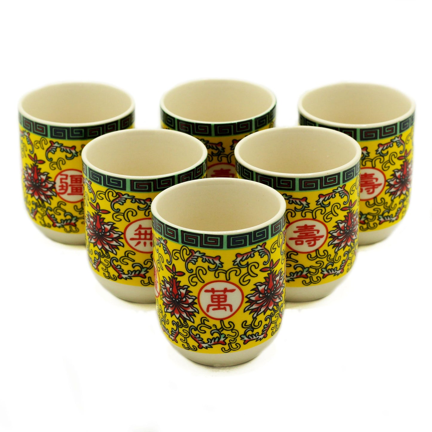 Two handle-less ceramic herbal tea cups featuring an intricate blue and white oriental longevity design.