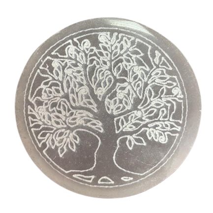 Round white selenite charging plate engraved with a detailed Tree of Life symbol.