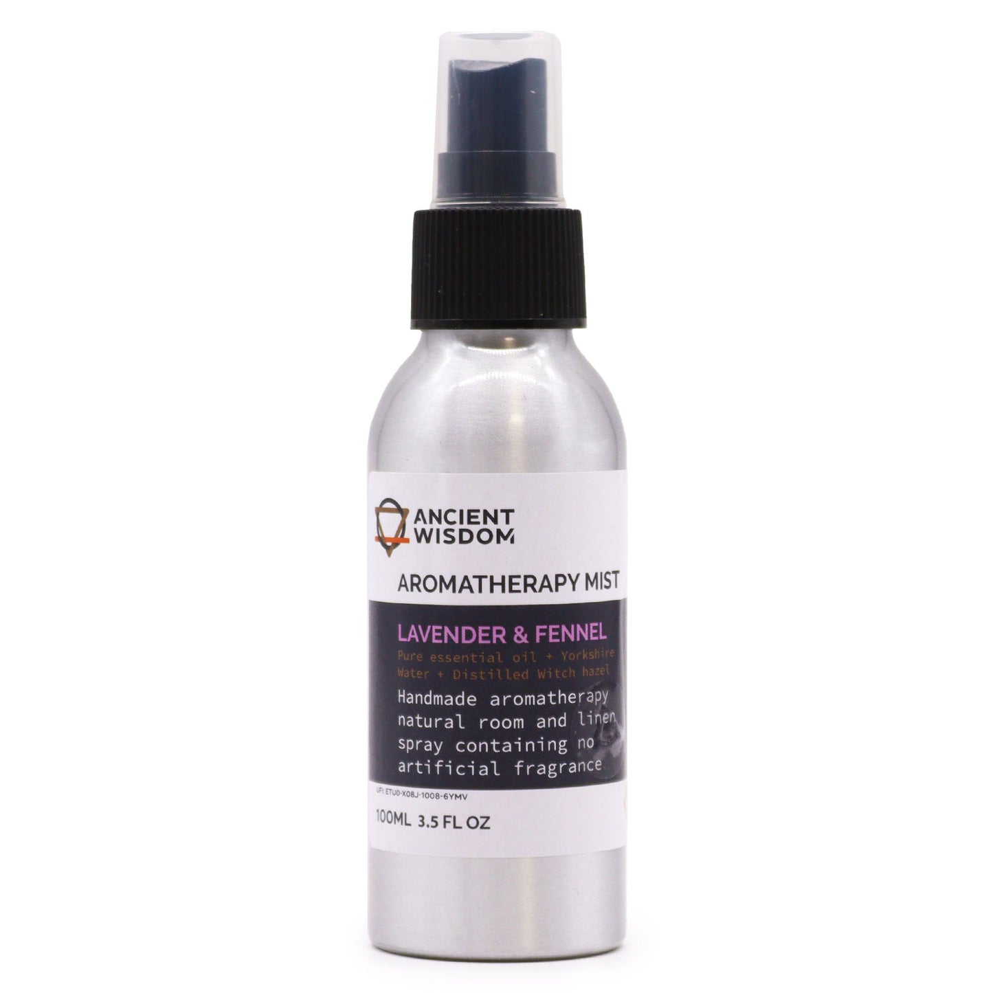 100ml amber glass bottle of Lavender and Fennel essential oil room spray with a black mist nozzle.
