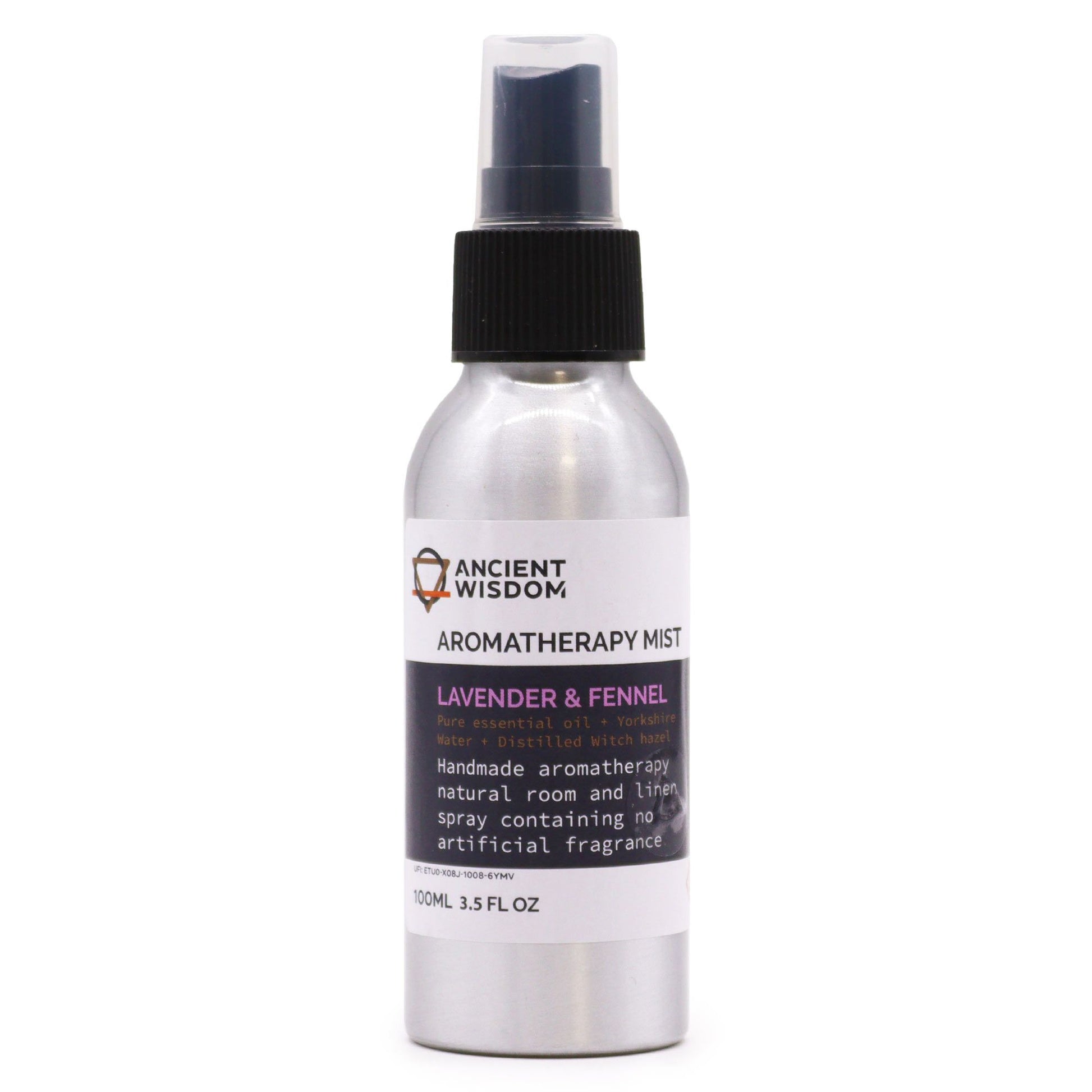 100ml amber glass bottle of Lavender and Fennel essential oil room spray with a black mist nozzle.