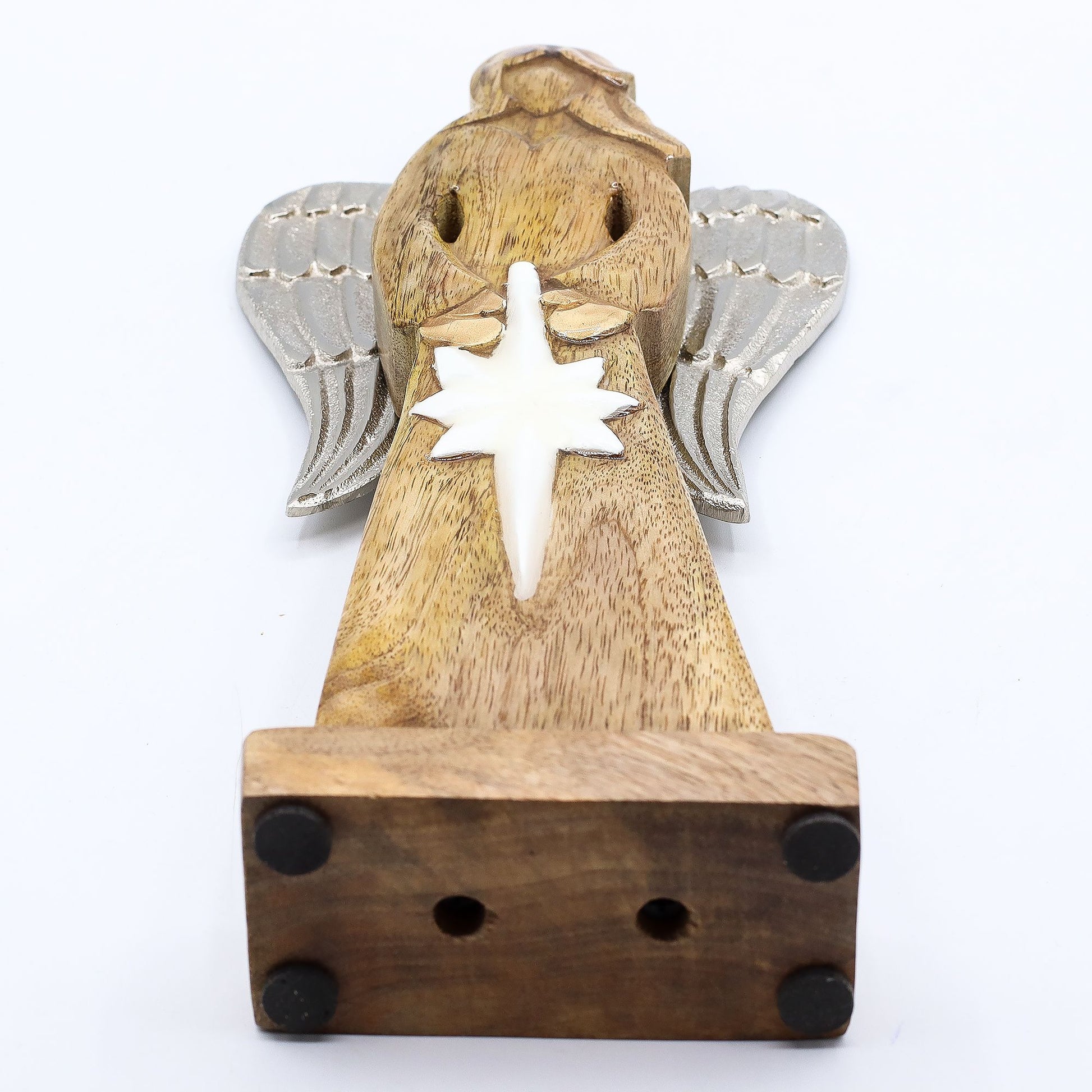 Hand-carved mango wood angel statue with silver metal wings and a white enamel star detail.