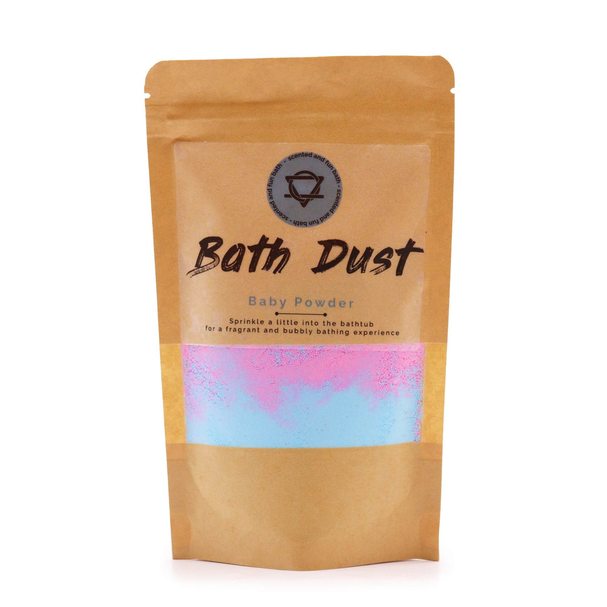 Finely textured white bath dust in a clear bag, reminiscent of classic baby powder for a soothing aromatherapy bath.