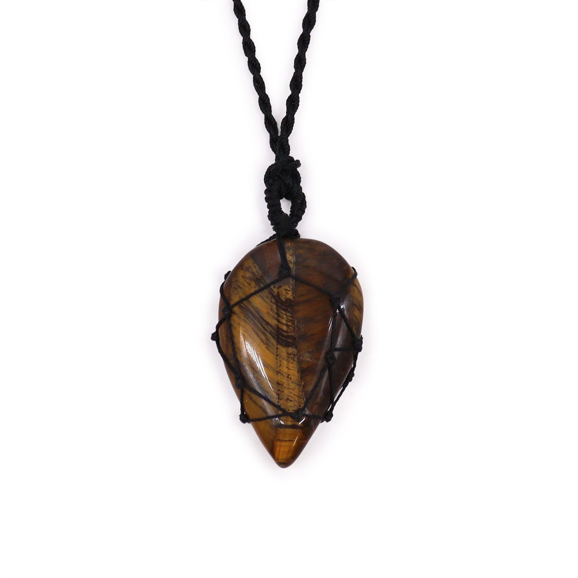 Handcrafted teardrop-shaped Tigereye gemstone pendant with decorative laced metal casing.
