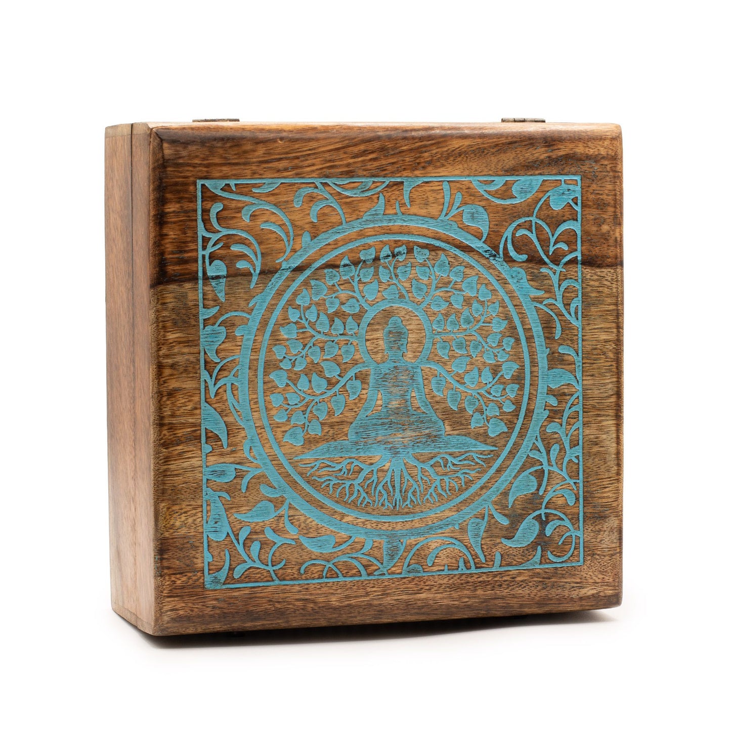 Large hand-carved mango wood storage box featuring an intricate carving of Buddha seated under a Bodhi tree on the lid.