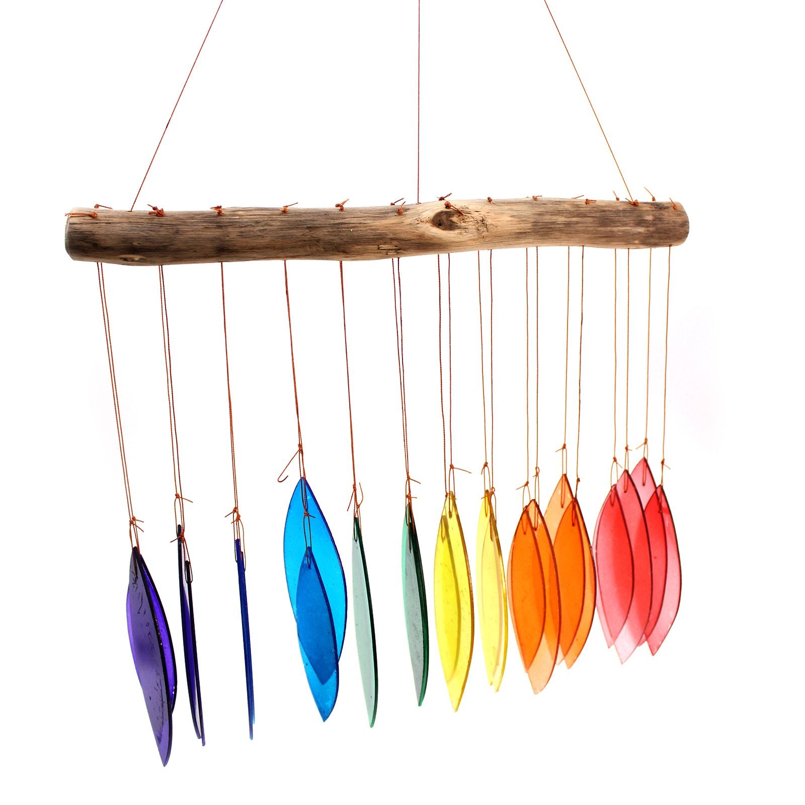Colourful wind chime made of vibrant rainbow-coloured recycled glass pieces hanging from a wooden top.