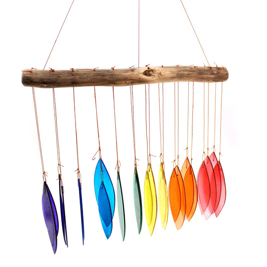 Colourful wind chime made of vibrant rainbow-coloured recycled glass pieces hanging from a wooden top.