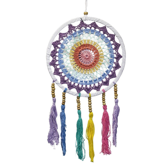 Small dreamcatcher with soft pastel rainbow colours, intricate webbing, and hanging feathers and beads.
