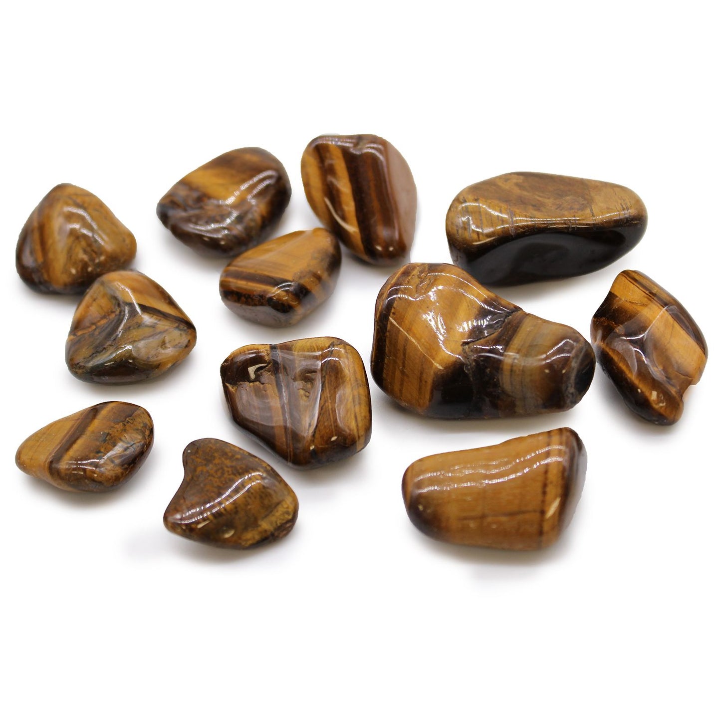 Smooth, polished golden brown tigers eye tumble stone with a chatoyant silky lustre.