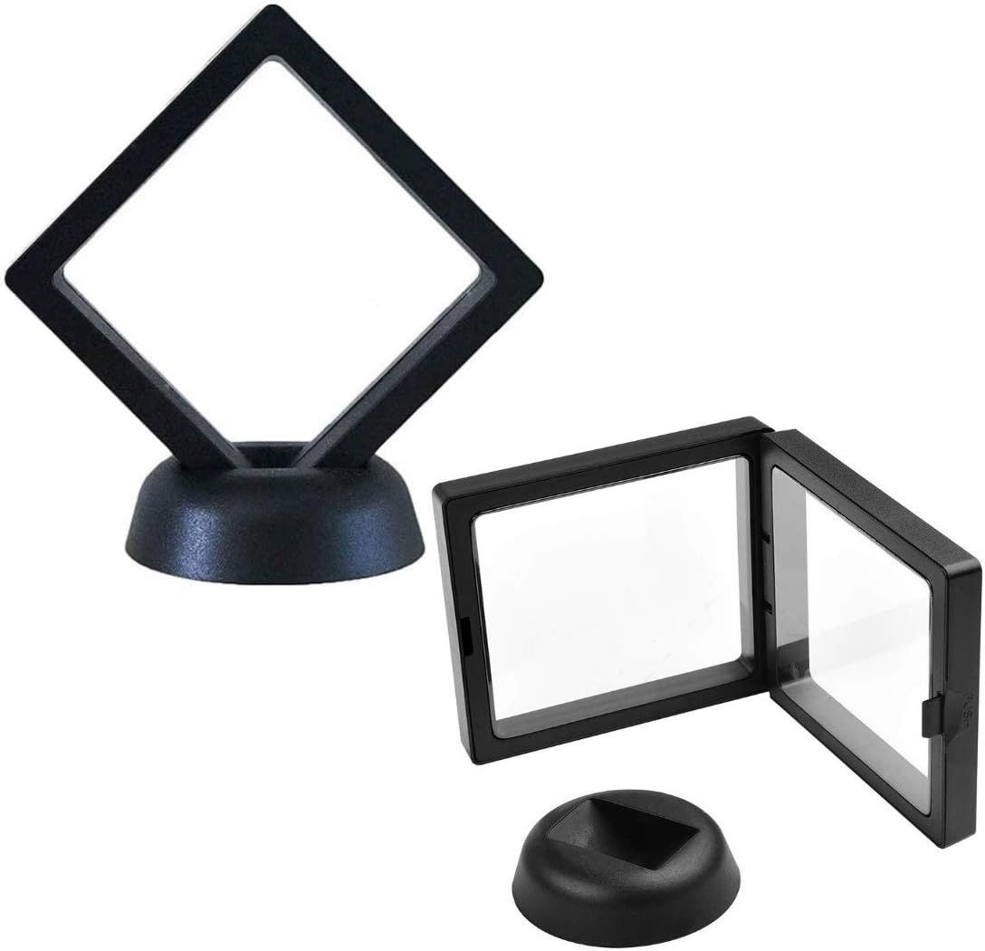 Large black minimalist plastic stand for holding and displaying multiple 3D floating frames on a shelf or tabletop.