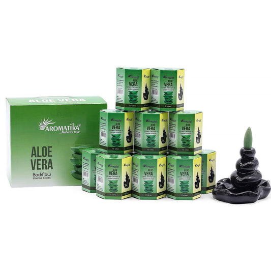 Box of ten hand-rolled masala backflow incense cones with a refreshing aloe vera scent.