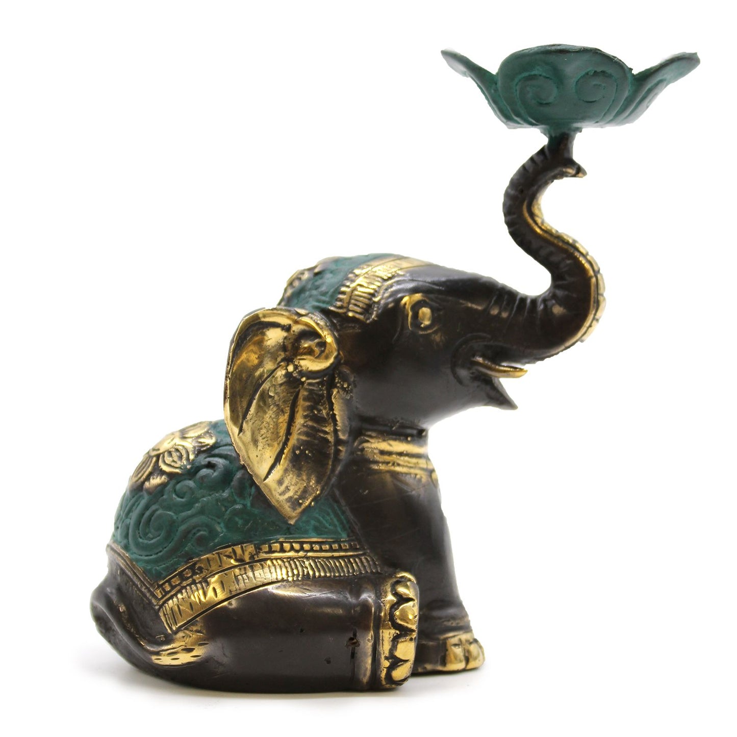 Detailed brass elephant figurine designed to hold both a candle and an incense stick in a traditional style.