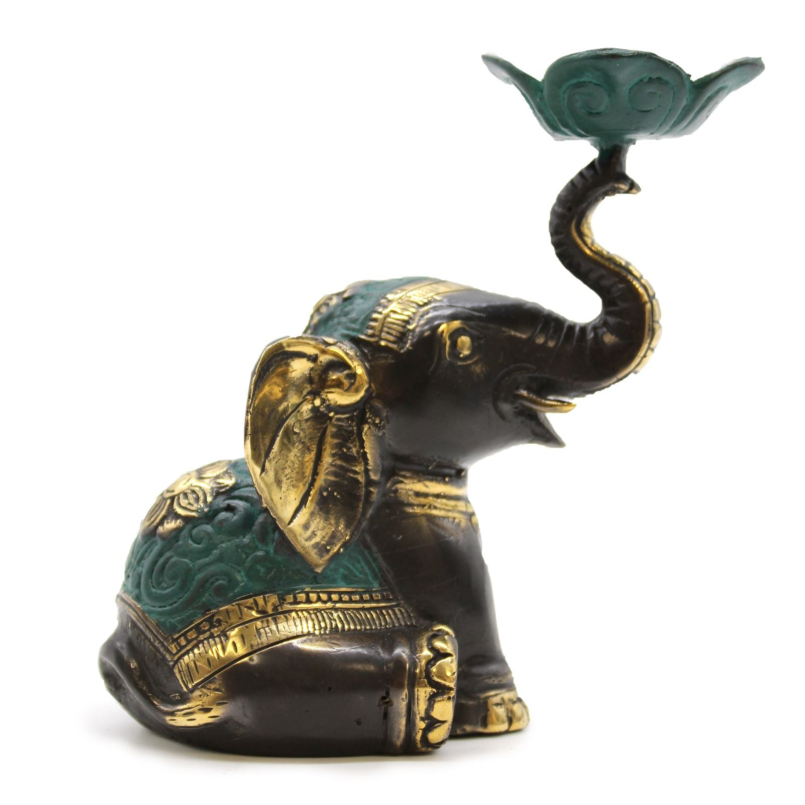 Detailed brass elephant figurine designed to hold both a candle and an incense stick in a traditional style.