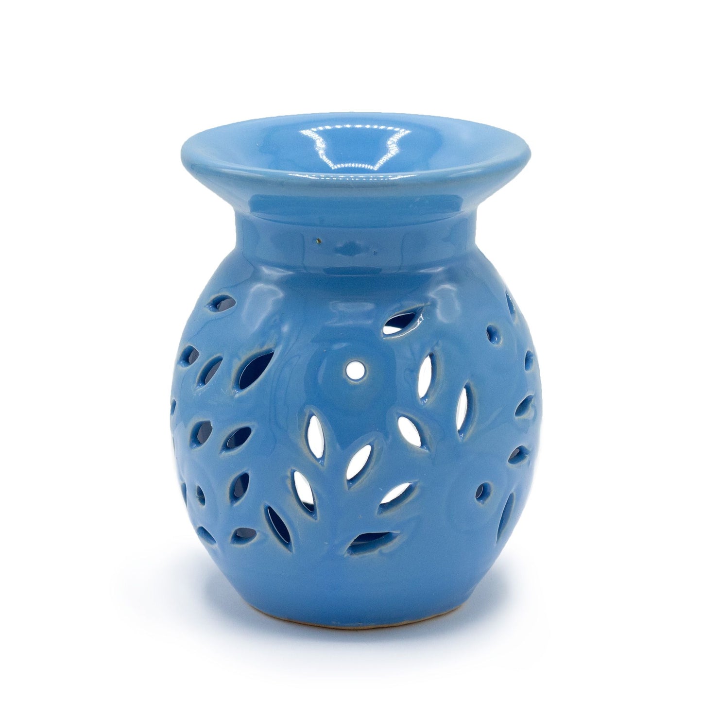 Blue ceramic oil burner with a delicate white floral pattern and cut-out details for candlelight.