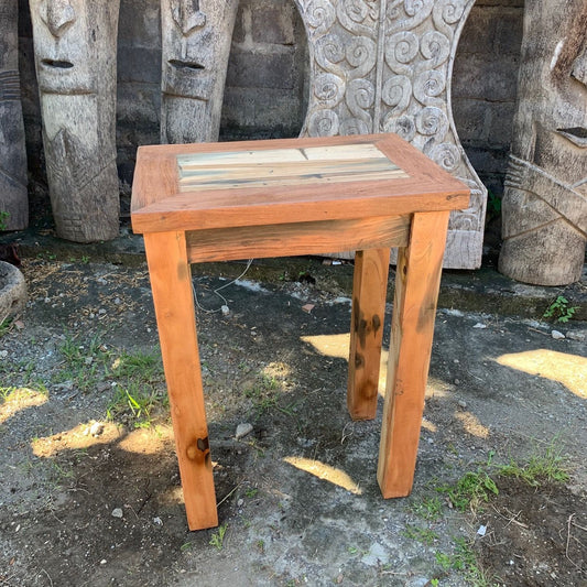 Rustic tall wooden display stand made from colourful upcycled boat wood with a natural grain finish.