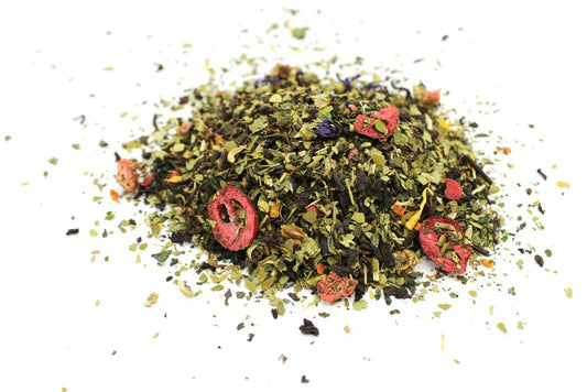 Loose leaf dark Pu'erh tea showing rich earthy textures and aged tea leaves in a large one kilogramme quantity.