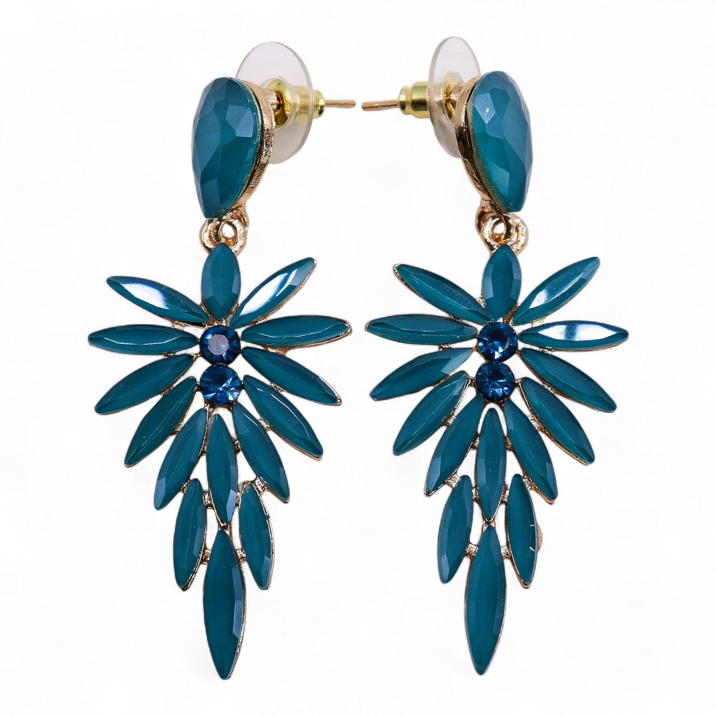 Elegant long drop earrings featuring rich teal green vintage glass beads on sleek stainless steel hooks.