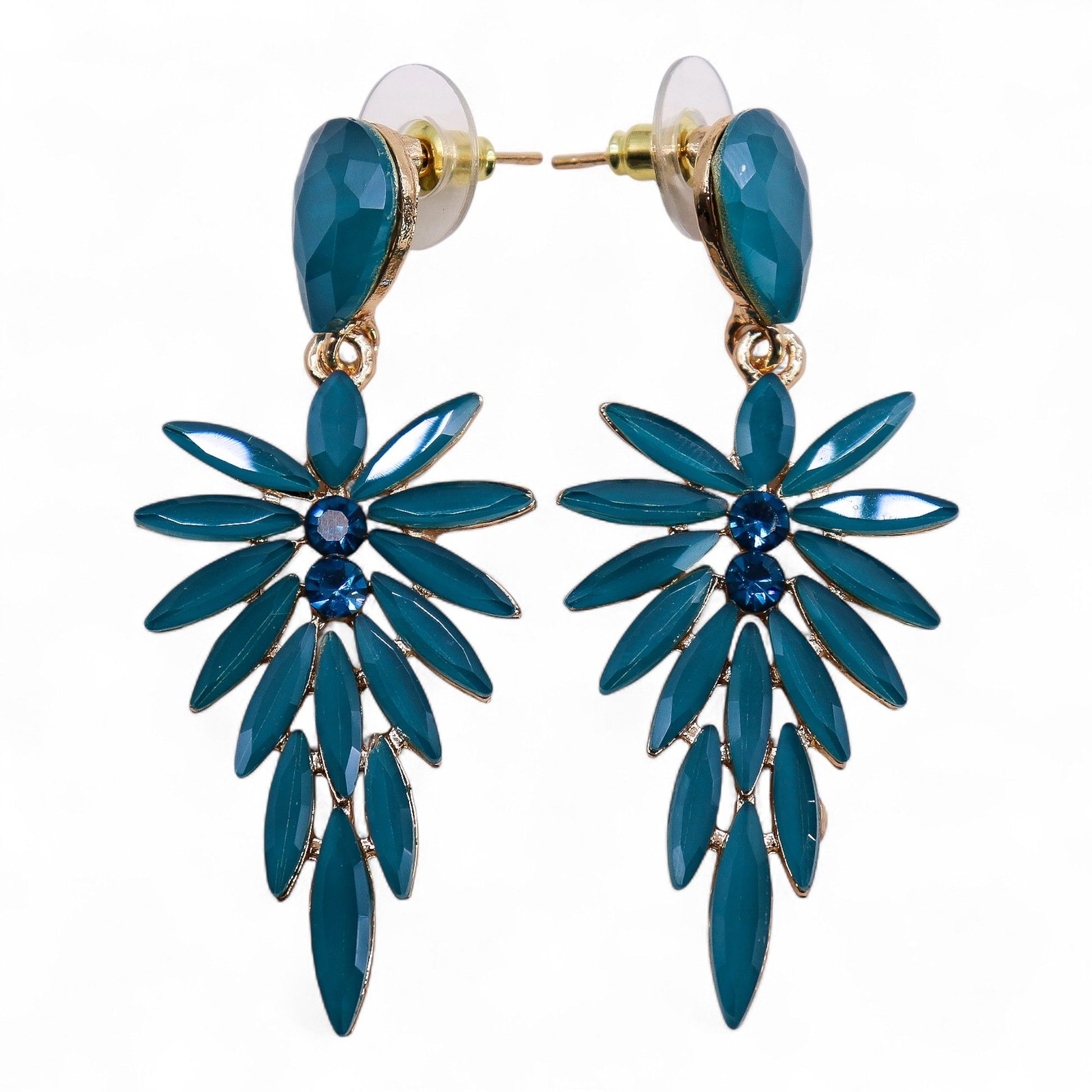 Elegant long drop earrings featuring rich teal green vintage glass beads on sleek stainless steel hooks.