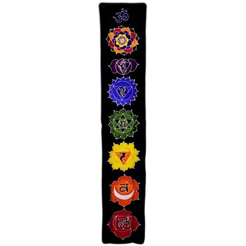 Long vertical midnight blue fabric wall hanging featuring colourful batik chakra symbols with a wax-resist finish.