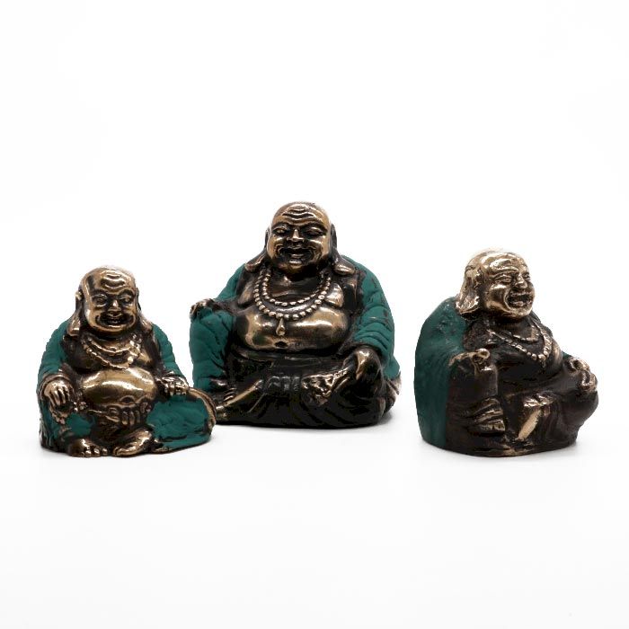 Set of three polished brass laughing Buddha statues in varying sizes, symbolising happiness and wealth.