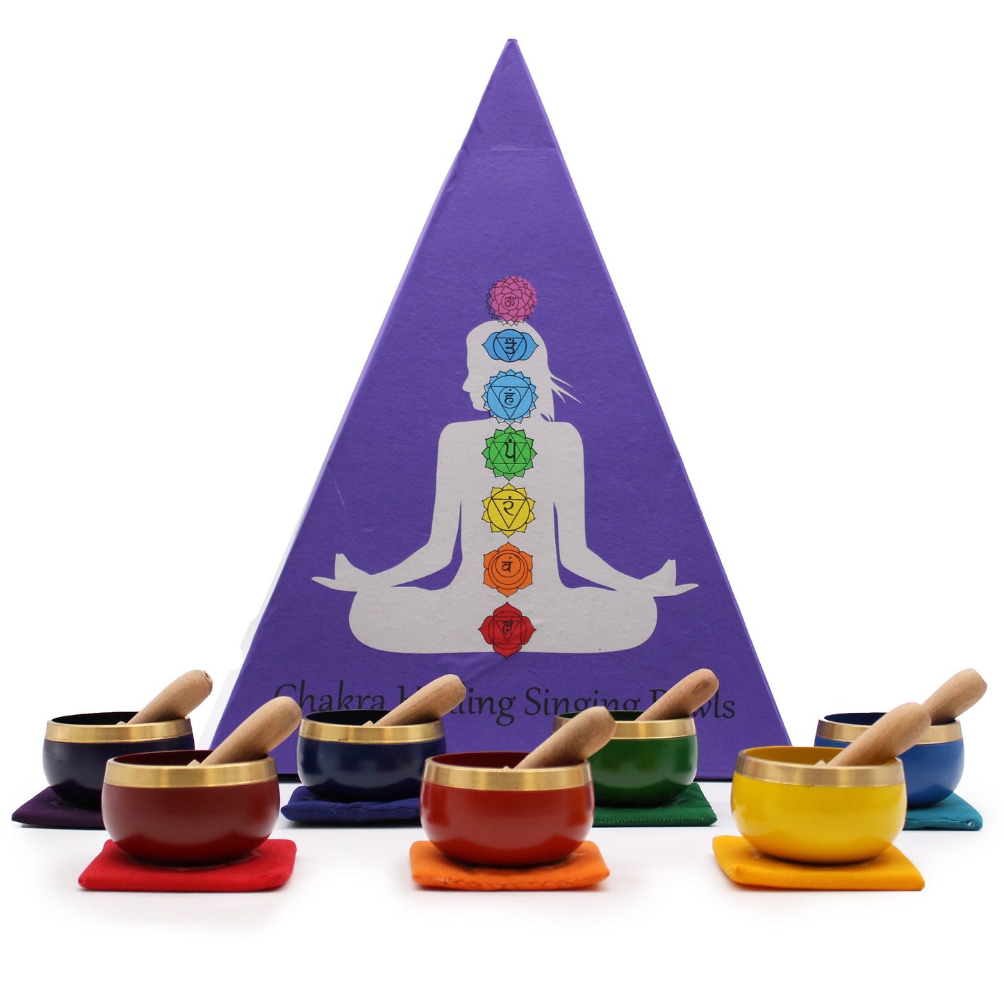 Seven colourful chakra singing bowls arranged in a pyramid shape with wooden strikers on a neutral background.