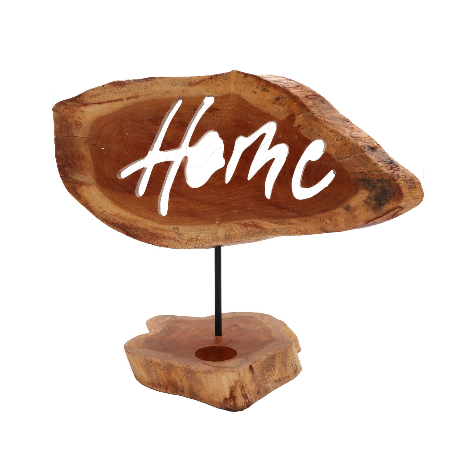 Handmade wooden candle holder featuring the word Home in a natural brown-toned carved design.