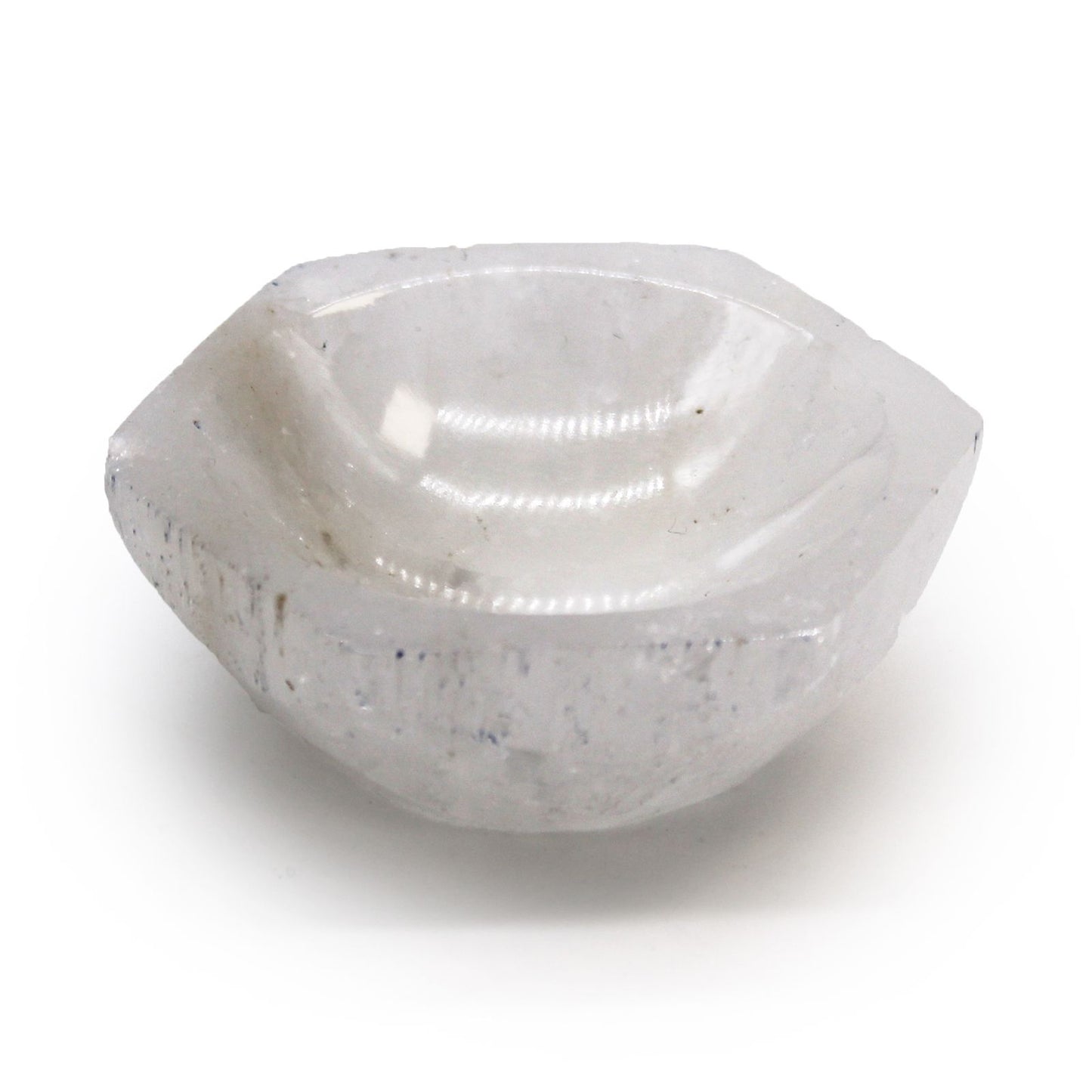 Small polished white selenite bowl in a hexagonal shape with a smooth translucent finish.