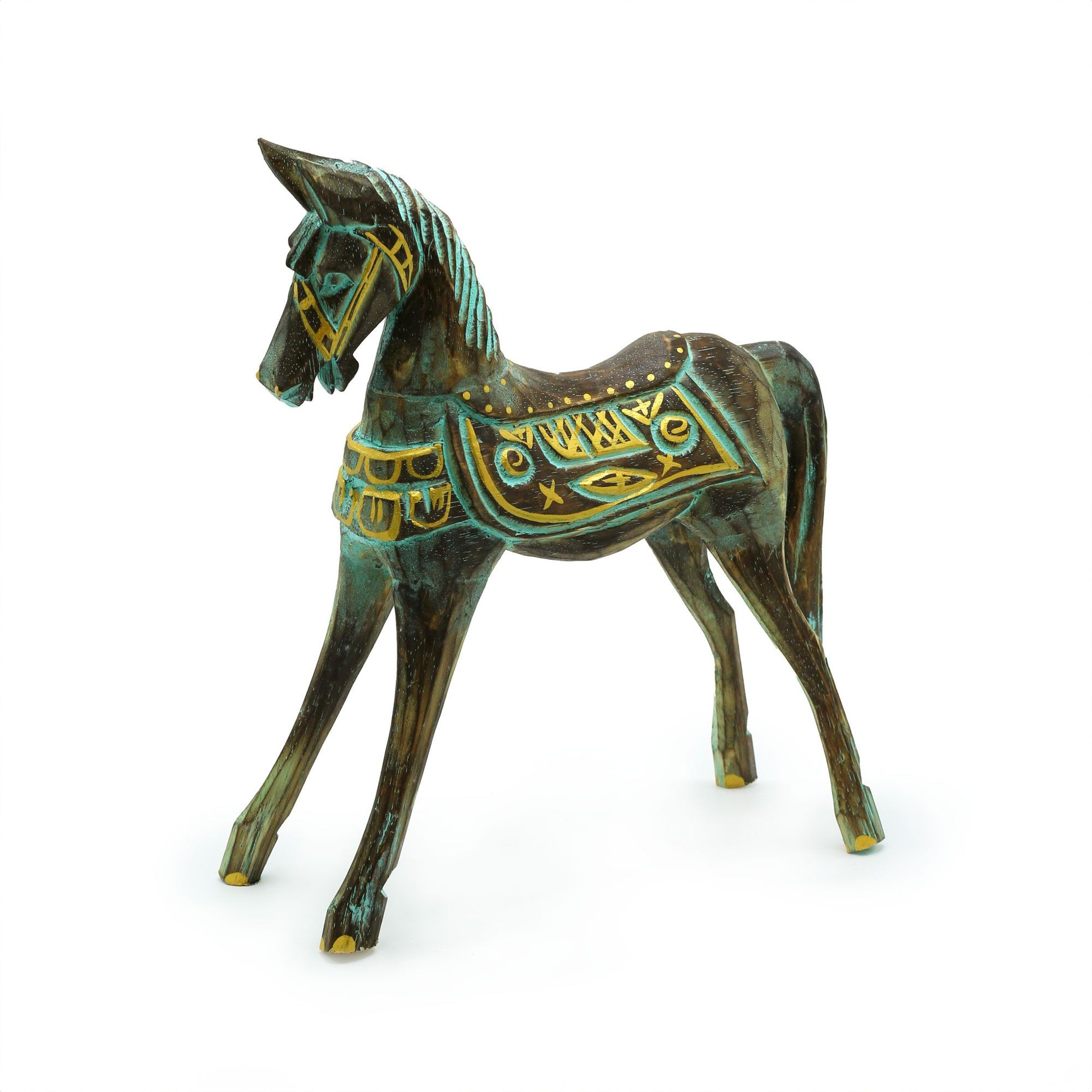 Hand-carved albasia wood horse figure with intricate gold carvings and vibrant turquoise accents on a natural wood base.