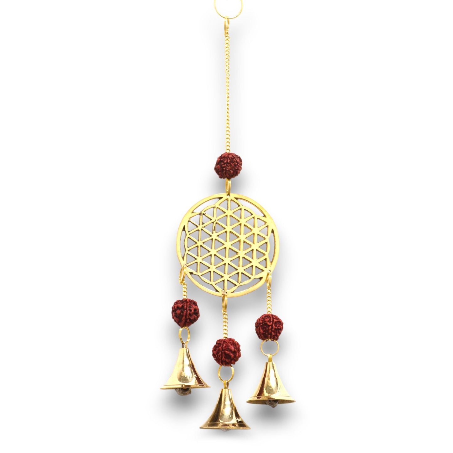 Intricate brass Flower of Life chime featuring natural brown Rudraksha beads and three small hanging bells.